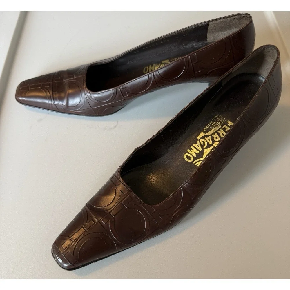 Salvatore Ferragamo Dark Brown Embossed Leather Pointed Toe Pumps